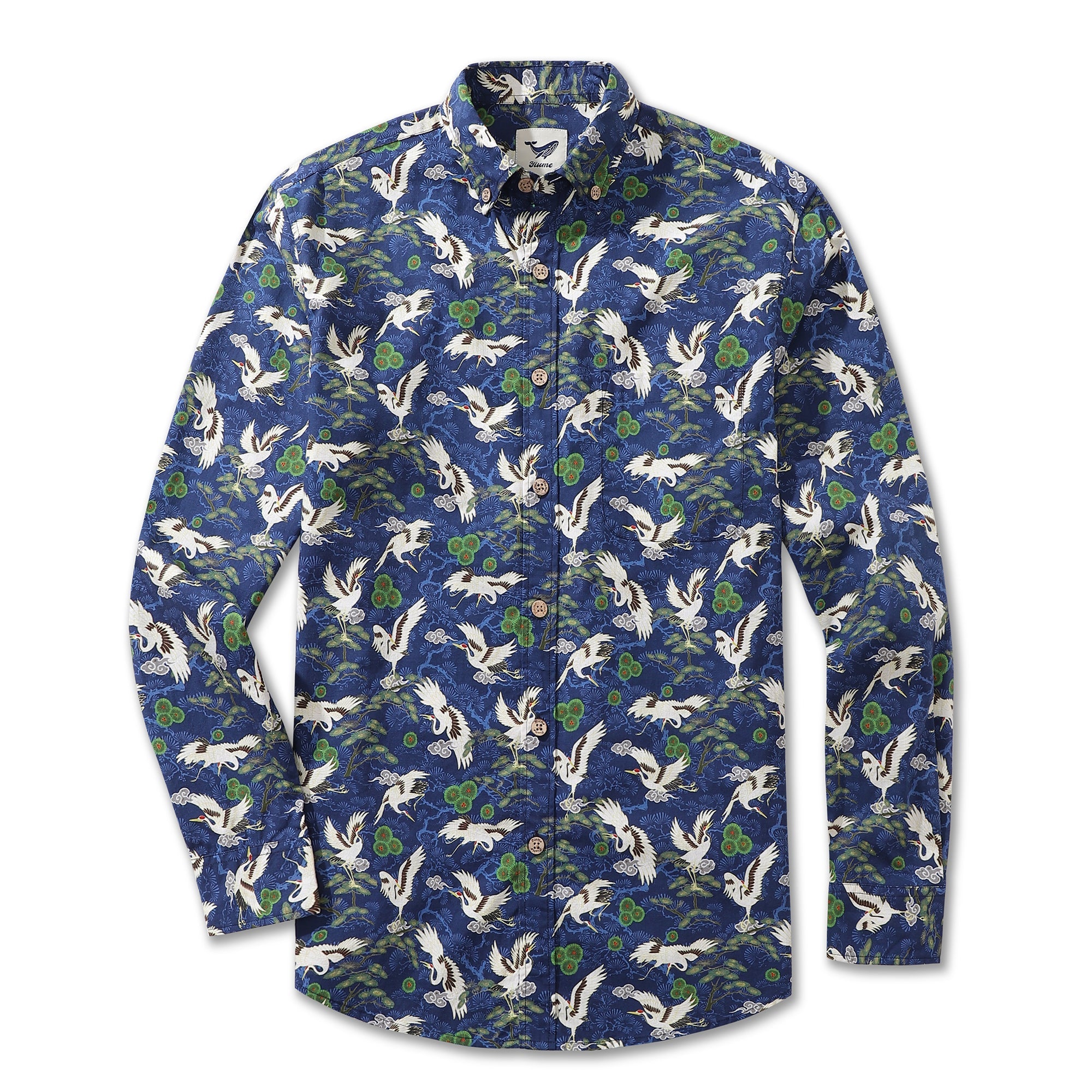 Men's Hawaiian Shirt Cranes Dancing in the Sky Cotton Button-down Long Sleeve Aloha Shirt