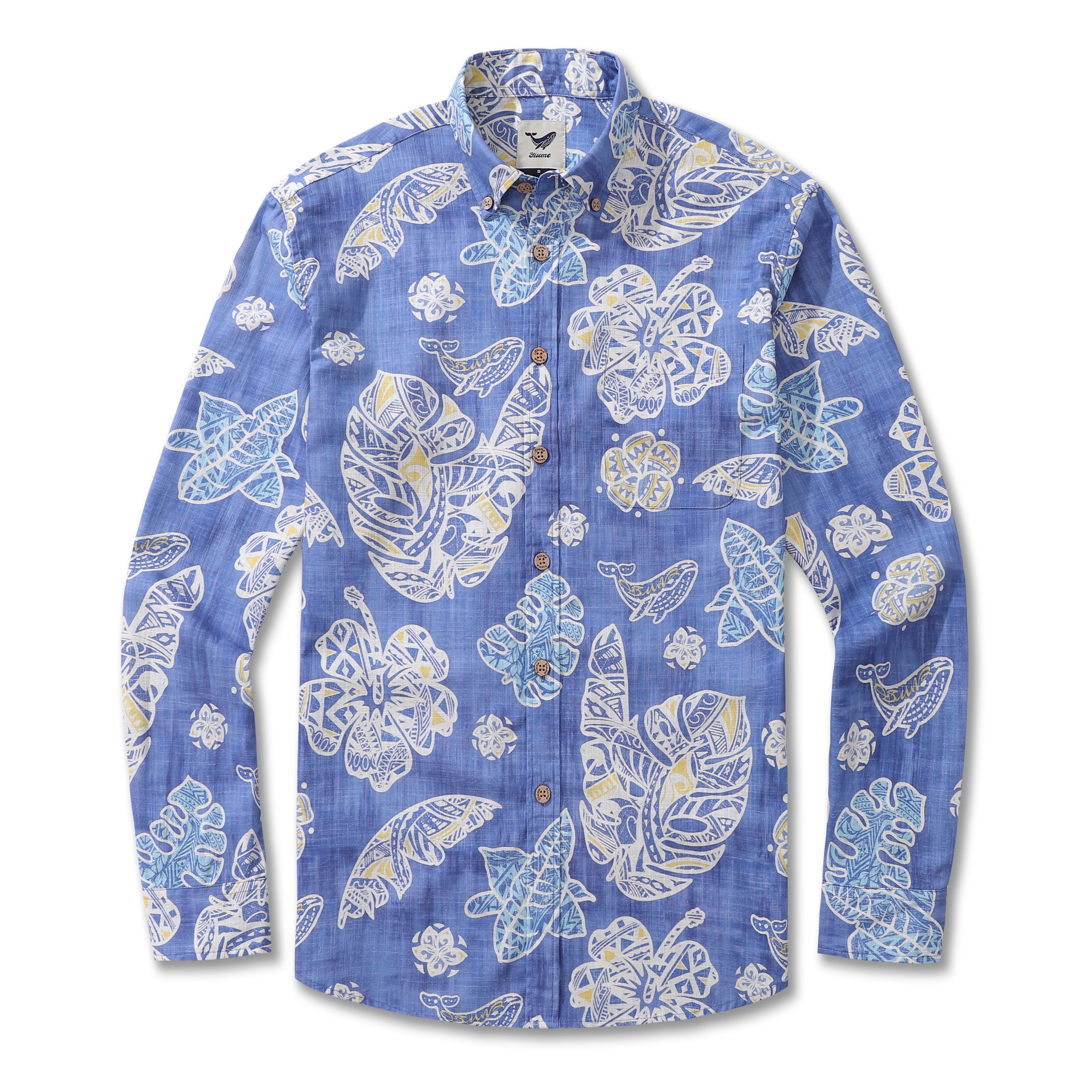 Long Sleeve Hawaiian Shirt For Men Native Hawaiian Plants Cotton Button-down Aloha Shirt