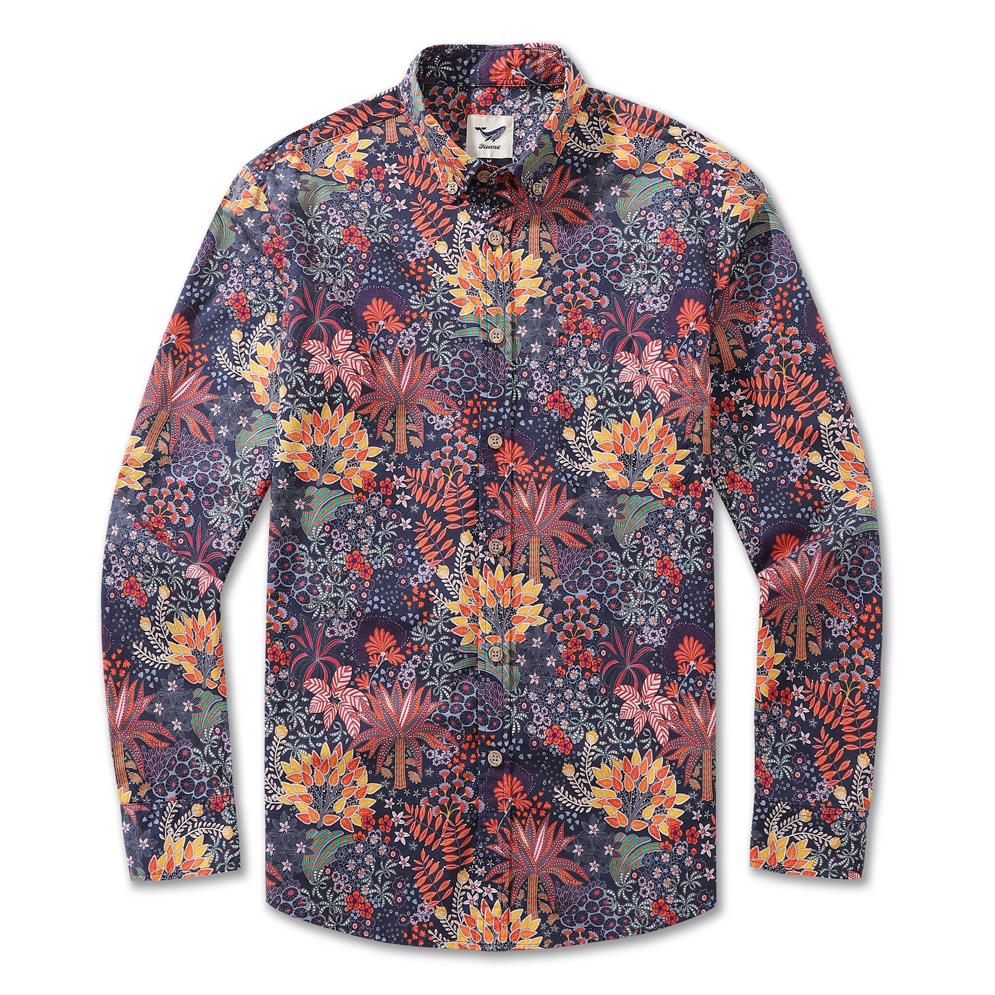 Men's Hawaiian Shirt Quirky Plants Print Cotton Button-down Long Sleeve Aloha Shirt