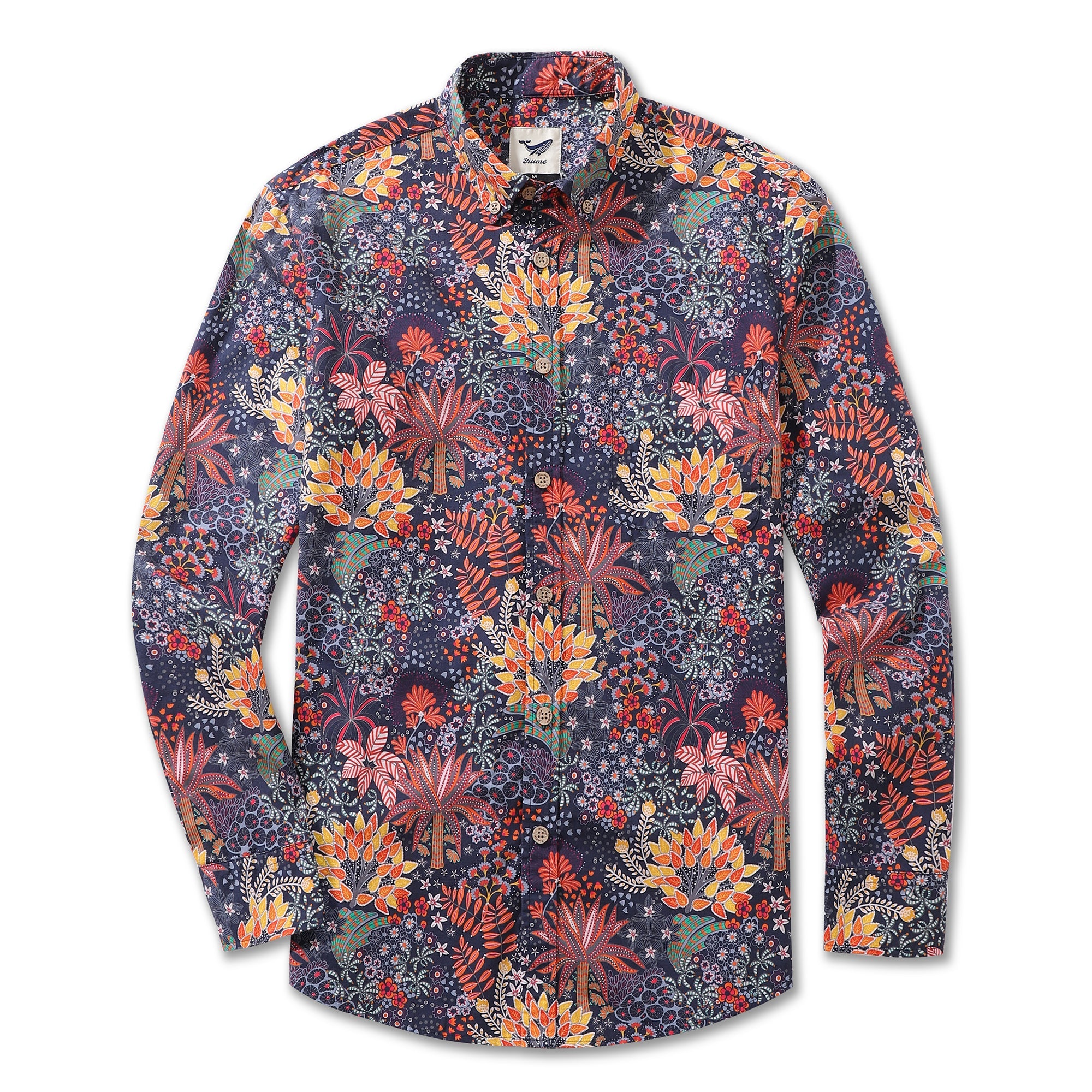 Men's Hawaiian Shirt Quirky Plants Print Cotton Button-down Long Sleeve Aloha Shirt