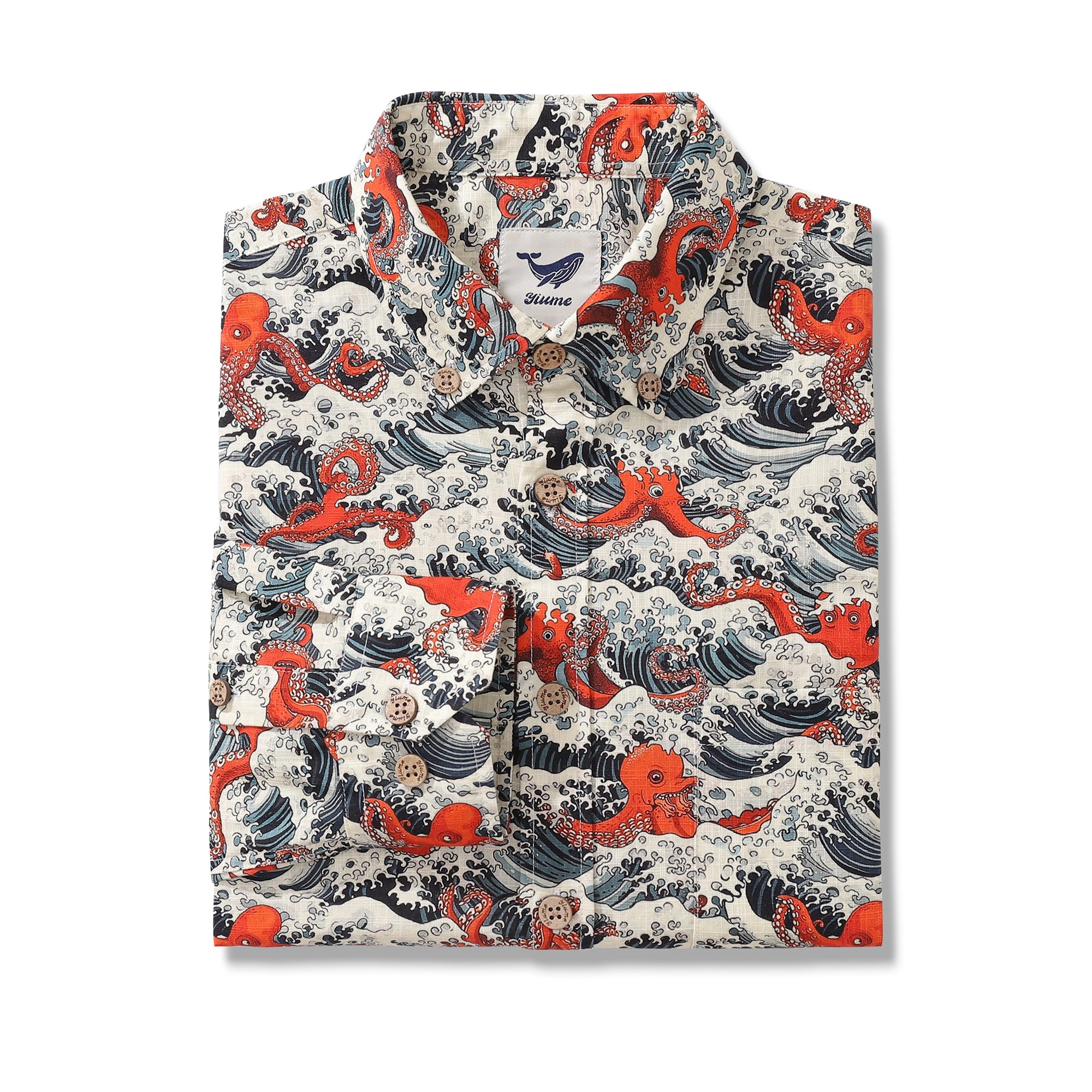 Long Sleeve Hawaiian Shirt For Men Octopus Carnival Cotton Button-down Aloha Shirt