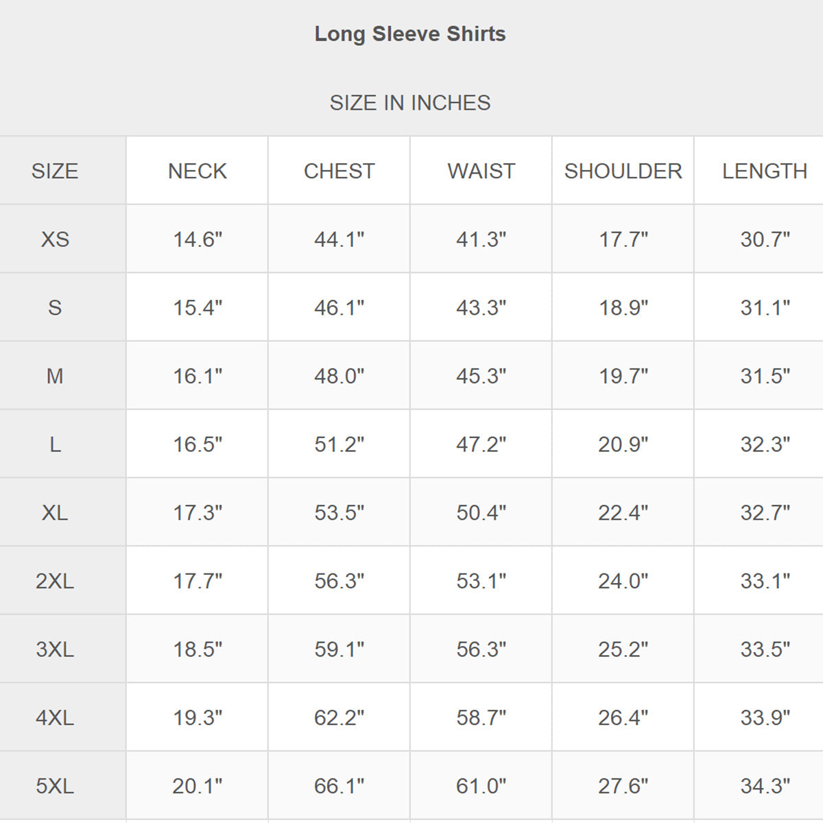 SIZE CHART INCH