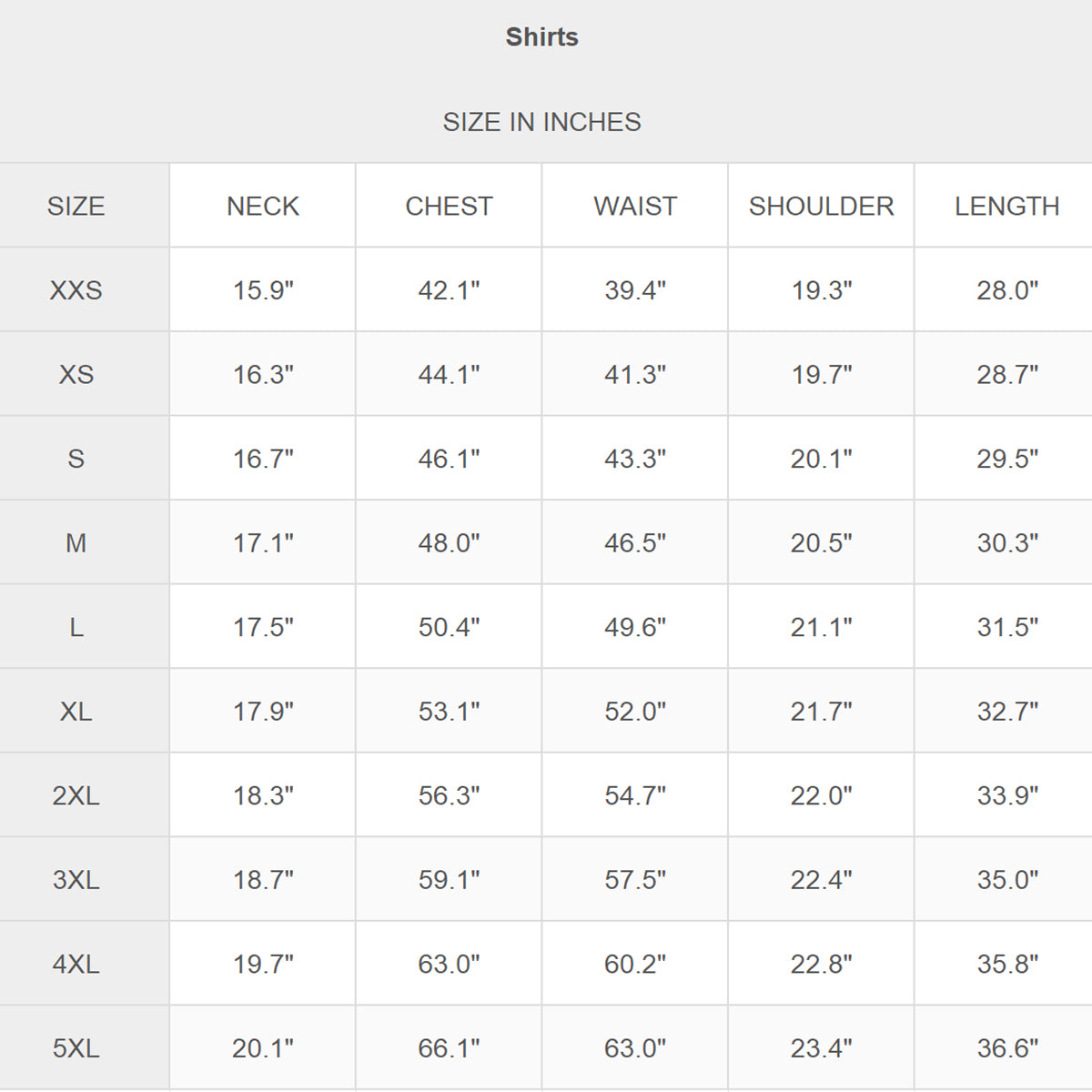 SIZE CHART INCH